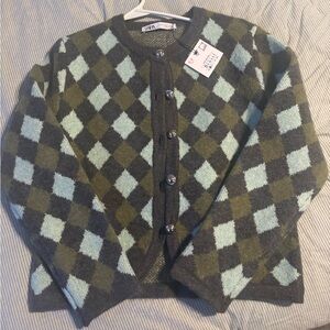 NWT Zara knit argyle button down sweater, size S